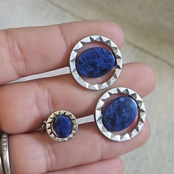 Vintage Genuine Sodalite Blue Natural Gemstone Cufflinks Tie Tack Set - Picture 7 of 7
